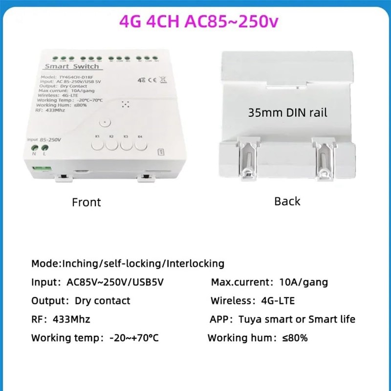Aswalling Tuya Smart Switch 4G LTE Relay with 433Mhz Smart