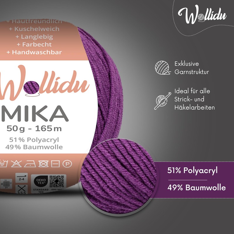 Wollidu Mika Knitting and Crochet Yarn, 51% Polyacrylic, 49% Cotton,