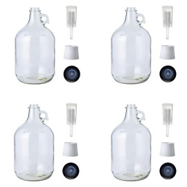 FastRack 4-Pack 1G Clear Glass Jugs with Polyseal Caps, 6.5G Rubber Bungs & 3-Piece Airlocks – Fermentation Jars for Home Brewing, Glass Fermenter Containers for Liquid Fermentation
