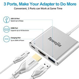 Tuwejia USB C to HDMI Multiport Adapter USB 3.1 Gen 1 Thumderbolt 3 to HDMI 4K Video Converter /USB 3.0 hub Port PD Quick Charging Port with Large Projection