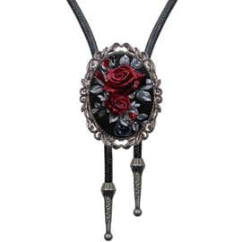 PEARLY JUN Bolo Tie for Women Men Flower Rose Western Cowboy Brown Leather Country Style String Vest Gifts (Black - Scarlet Rose)