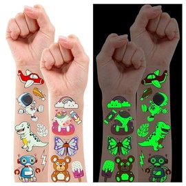 Partywind 380 estilos (30 hojas) tatuajes luminosos para niños, pegatinas temporales de estilos mixtos con sirena/dinosaurio/espacio/pirata para niños y niñas, suministros de fiesta brillantes