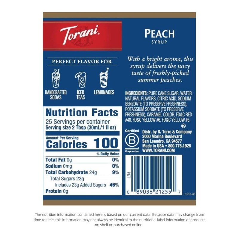 Torani Peach Syrup Pack Of 4 Flavorful Drink Enhancer For