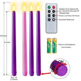 Abkshine Set of 4 Battery Operated Flameless Taper Candles for Advent Wreath - 3 Purple, 1 Pink - Flickering Candles for Home, Church, School Decor