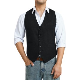 HISDERN Men's Suit Vest Herringbone Vest Wedding Men's Vest Formal Tweed Wool Vest Classic Basic Vests for Men, black