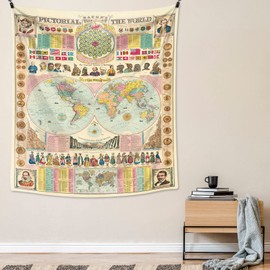 Retro Map of the World (Orbis Terrarum) by Petrus Plancius 1594 | Bacon's Pictorial View of the World Tapestry Wall Hanging, Vintage Historical Maps Tapestries for Bedroom College Dorm Home Decor