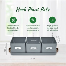 Herb Planter Indoor - Set of 3 Grey Indoor Herb Garden Pots for Plants with Leather Handled Tray - Window Sill Plant Shelf - Herb Pots with Drainage Holes and Labels