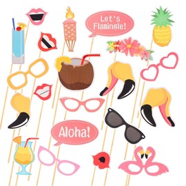 21 PCS Luau Hawaii Photo Booth Props Summer Party Photo Props Flamingo Photo Booth Props for Summer Pool Tropical Tiki Beach Aloha Hawaiian Theme Party Decorations