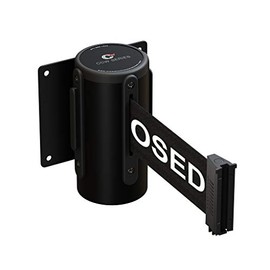 Crowd Control Warehouse CCW-05-022-01254_FBM_02 Series WMB-125 Fixed Wall Mount Retractable Belt Barrier with Black Steel Case, Black "This LINE is Closed" Belt, 11' Belt Length