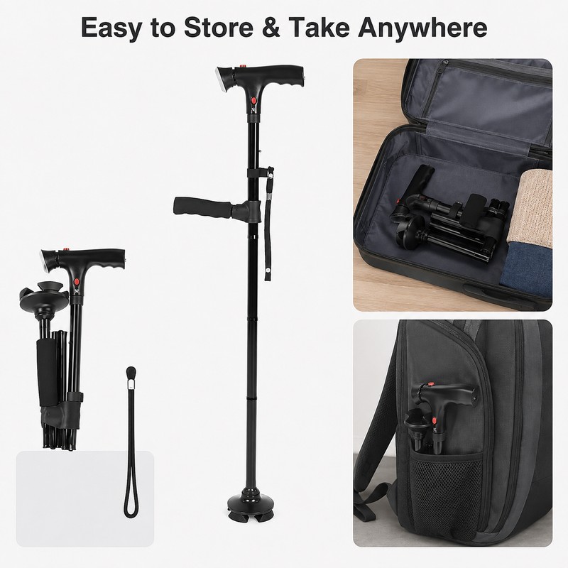 Folding Walking Cane for Senior Mobility – LED Light, Alarm