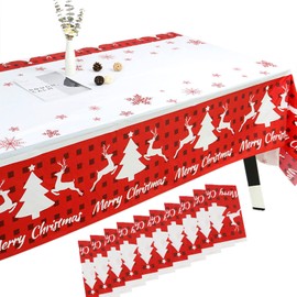Fivebop Paquete de 10 manteles de plástico desechables de copo de nieve rojo de 54 x 108 pulgadas, decoración de mesas rectangulares para banquetes de día festivo, suministros de fiesta (10 unidades, ciervo)