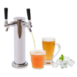 Beer Tower Double Adjustment Faucet Tap Tower Stainless Steel Beer Tower dispenser Draft Beer Tower Kit with Hose, Wrench, Cover