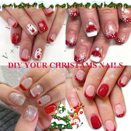 KQueenest 30 Pcs Christmas Red French Tip Press on Nails Short Square Nails Press ons, Natural Nude Fake Nails Acrylic, Classic Glue on Nails Short Coffin, Gel French Nails for Women Daily Wear