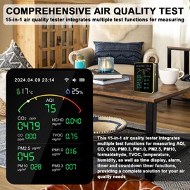 Tuya WiFi 15in1 Air Quality Detector Household Portable AQI PM0.3 PM1.0 PM2.5 PM10 CO CO2 TVOC HCHO Tester TFT Display Multifunctional Time Temperature and Humidity Test Meter Versatile Time Clock Timer with Alarm Function