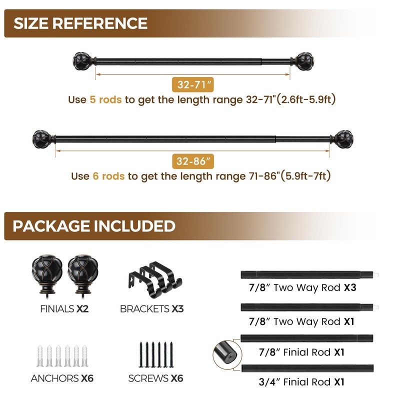 KAMANINA Curtain Rods for Windows 48 to 84 Inch, Black
