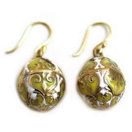 Bronze Multicolor Enameled Easter Egg, Russian Egg, Dangle Earrings Fish Hook Thailand Made Jewelry (Yellow-White)