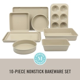 Martha Stewart Gallen 10 Piece Baking Pans Ceramic PFA Free Non Toxic Non Stick Bakeware Set - Taupe