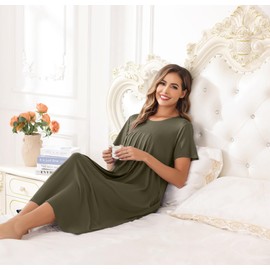 Vlazom Women's Long Nightgown Pleated Casual Nightdress Short Sleeve Soft Nighties Nightwear with Pockets,Army Green,XXL