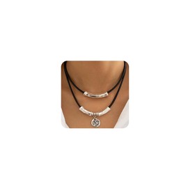 Chargances Layered Leather Coin Pendant Necklace Vintage Black Suede Choker Silver Bamboo Chain Necklace Jewelry for Women, open size, Rhinestone, Crystal