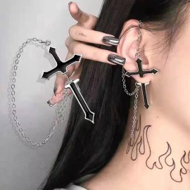 Par Aretes De Cruz Gótica Negra Con Cadena Larga Violadores Aretes Cruzados En Forma De Cruz Dark Punk Hombre Y Mujer