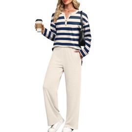 XIEERDUO 2 Piece Sets for Women Fall Outfits 2025 Travel Airport Outfits Loungewear Matching Sweatsuits V Neck Fashion Clothing Pajamas Stripes Navy S