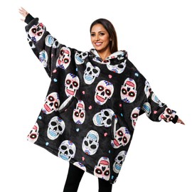 Sugar Skull Gifts for Women, Day of the Dead Gifts, Wearable Blanket Hoodies for Adults, Oversized Flannel Hooded Blanket, Gifts for Birthday, Christmas, and so on, One Size Fits All