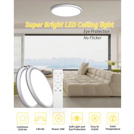 4Pack 12 Inch Remote Control Dimmable LED Flush Mount Ceiling Light Panel,24W 2520LM,2700K-6000K Adjustable Color,Ultra Thin Round White Ceiling Light Fixture for Hallway Kitchen Bedroom Home Office