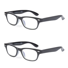 EYE ZOOM 2 Pack Unisex Blue Light Horn Rimmed Reading Glasses with Case, Black, +1.25