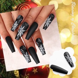 Uranian Christmas Press on Nails Black Extra Long Coffin Fake Nails Snowflake Matte False Nails with Designs Full Cover Acrylic Glue on Nails for Women and Girls 24pcs (Snowflake-Black)