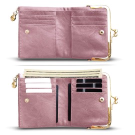 AOXONEL Womens Wallet Small RFID Ladies Compact Bifold Leather Vintage Coin Purse with Zipper and Kiss Lock - Pink - S