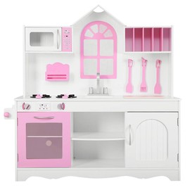 Costzon Kids Kitchen Playset, Wooden Pink Pretend Play Toy Set with Realistic Sound, Microwave, Windows, Sink, Utensils, Large Storage Space, Play Kitchen Set for Kids, Toddlers, Girls
