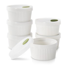 DOWAN Ramekins with lids 8 oz, Creme Brulee Ramiken Oven Safe, Ceramic Baking Bowls Souffle Dishes, Custard Cups Charcuterie Boards Bowls Dipping Sauces, Set of 6, White