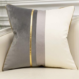 Avigers 20 x 20 Inches Gray White Gold Leather Striped Patchwork Velvet Cushion Case Luxury Modern Throw Pillow Cover Decorative Pillow for Couch Living Room Bedroom Car