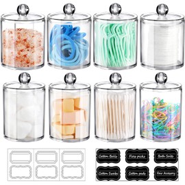 SheeChung 8 Pack Qtip Dispenser Apothecary Jars Bathroom Set with Labels Clear Plastic Qtip Holder Storage Set for Cotton Ball/Swab/Rounds,Floss Picks, Hair Clips，Hair Ties(Clear)