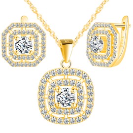 Yumilok Round Square 925 Sterling Silver Bridal Jewelry Set Women Necklace Earrings for Bride Bridesmaid Cubic Zirconia gold