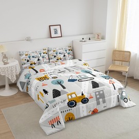 Feelyou Construction Bedding Set Queen Size Boys Girls Downtown Road Comforter Set for Kids Equipment Trucks Comforter Tree Blue Grey Duvet Set Room Decor Quilt Set