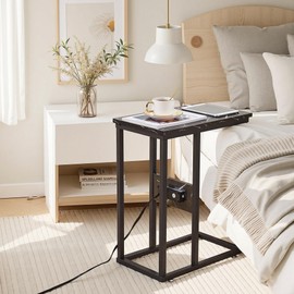 VECELO C-Shaped End Side Table Set of 2, with Charging Station & Two USB Ports and Outlets for Living Room, Bedroom, with Adjustable Feet for Couch/Sofa, Bedside, Small Spaces，Black Marble