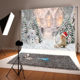 Aisnyho Winter Christmas Backdrop Snowman Pine Tree Snowflake Xmas Backdrops Background for Photography Family Party Decorations New Year Banner (7x5FT)