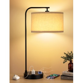 Innqoo Tall Table Lamp with USB Port and Outlet, Dimmable Nightstand Bedside Lamps with Linen Lampshade, Desk Lamp for Bedroom, Living Room, Guest Room, Home Office, LED Bulb Included