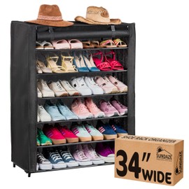 Sundaze Shoe Rack with Cover - 6 Tier Shoe Rack for Front Door Entrance, Sturdy Tall Shoe Organizer for Bedroom, Closet, Garage, Non Woven Fabric Shelf, Black, Holds Up to 30 Pairs