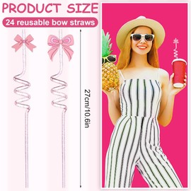 24 Pcs Pink Bow Straws Reusable Plastic Glitter Spiral Drinking Straw for Girls Pink Birthday Pretty Bachelorette Decorations Wedding Baby Shower Tableware