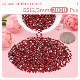 2000PCS SS12/3mm Crystal Rhinestones (Dark Siam), Bedazzling Flatback Glass Rhinestones for Crafting DIY Nail Art Makeup Decoration, Gems Diomand Charms for Tumbler Shoes Clothing Mug