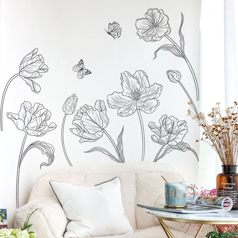 Creative 3D Black Flower Wall Decals Boho 8 Tulip Flowers