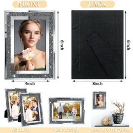 12 Pcs 4 x 6 Inch Picture Frame Set Glitter Glass Photo Frame Mirrored Crystal Silver Picture Frames Bling Wall Table Top Stand Frame with 12 Pcs Nail Hooks for Living Room Bedroom Home Display