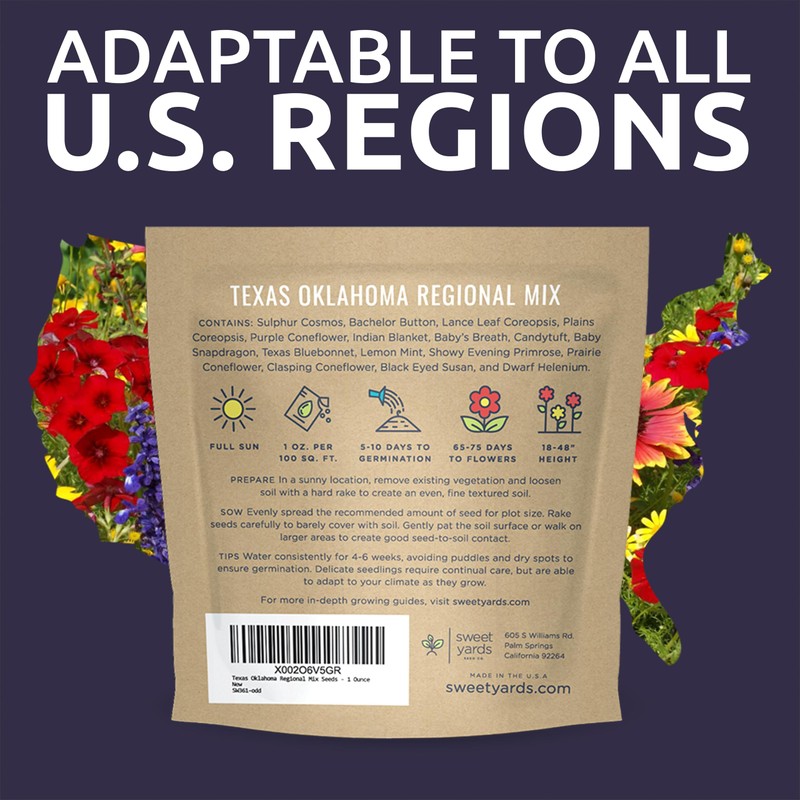 Texas Oklahoma Wildflower Seeds Mixture - Bulk 1 Ounce Packet