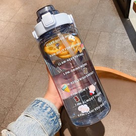 Large Kawaii Clear Gallon Water Bottle with Time Marker and Straw 70oz Kawaii Water Bottle with and Resin Stickers Portable Giant Drinking Bottle for School Sports Yoga Spill Proof Water Jug (Blue)