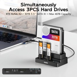 M.2 NVMe SSD to SATA HDD Bidirectional Cloner, 3-Bay NVMe Duplicator+2.5 3.5 Inch Hard Drive Docking Station, USB3.2 Gen2x1 10Gbps Simultaneously Read 3PCS of Drives, 12V/3A, 46TB Capacity