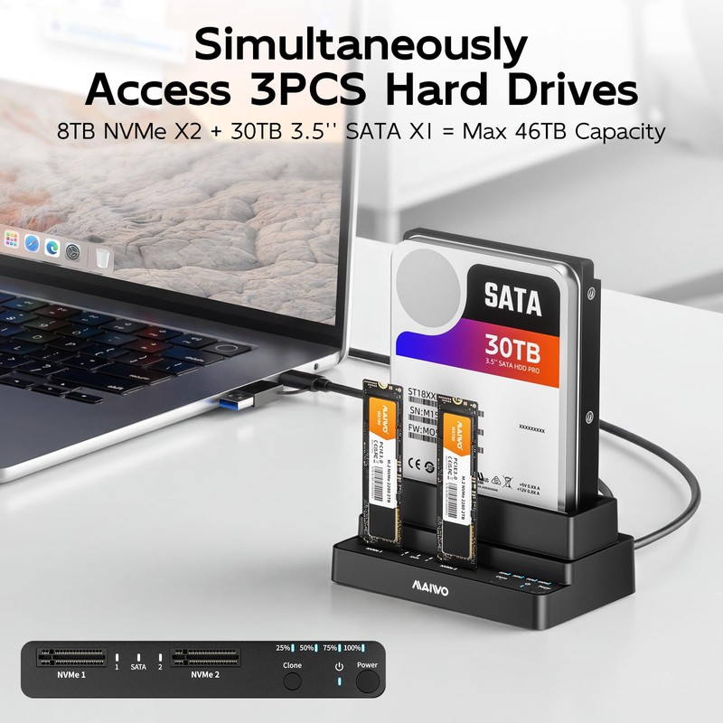 M.2 NVMe SSD to SATA HDD Bidirectional Cloner, 3-Bay NVMe