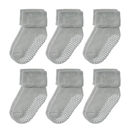 VWU Ankle Crew Socks with Grips, Baby Toddler Kids Unisex Warm Thick Cotton Socks 0-6T 6-Pack, Grey, 1-3 Years