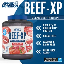 Applied Nutrition Applied Nutrition Beef XP - Clear Hydrolysed Beef Protein Isolate, Fruit Juice Style, Dairy Free Beef Protein Powder, Lactose Free, Zero Sugar, Low Fat, 1.8kg - 60 Servings (Strawberry & Raspberry)